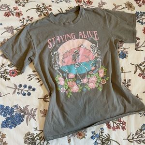 Gray Graphic Tee Skeleton Pink Flowers Oversized T-shirts Obsessive Love